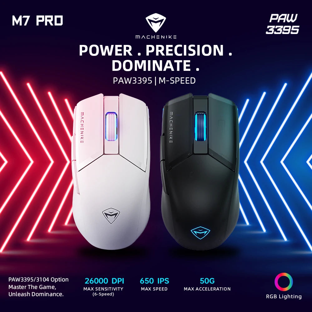 Machenike M7 Pro - Ratón Gaming USB/Wireless 2.4GHz, sensor PAW3395 26000DPI, 7 botones, 74g, RGB. Compatible con PC y portátil.